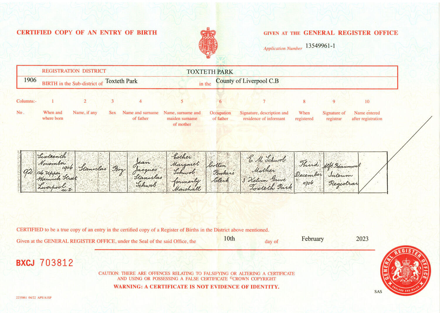 Stanislas birth certificate