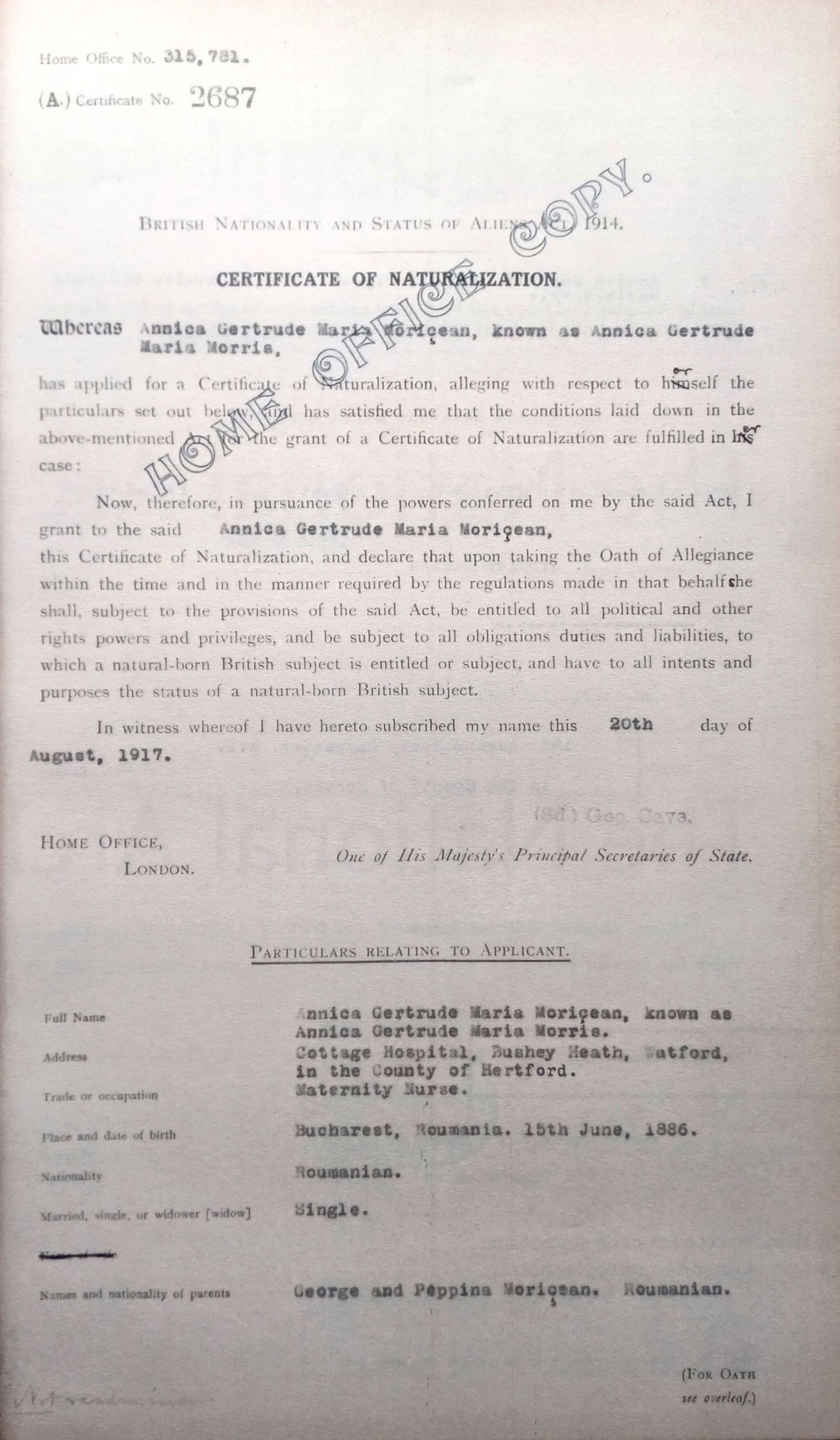 certificate of naturalisation