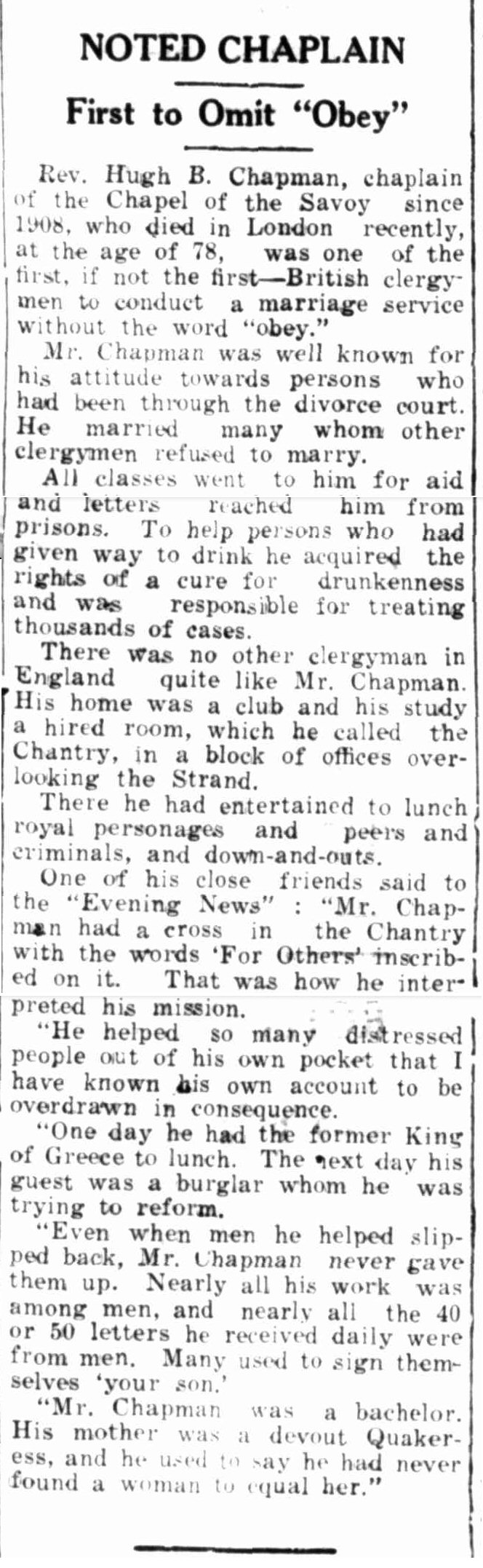 Reverend Hugh Boswell Chapman